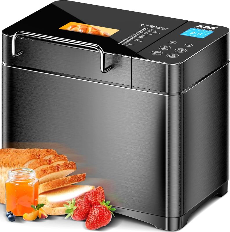 Photo 1 of KBS Premium 2LB Convection Bread Maker Dual Heaters, 710W Stainless Steel 17-in-1 Bread Machine Healthy Ceramic Pan, Nut Dispenser,Touch Panel, 3 Loaf Sizes 3 Crust Colors, 15H Timer,Low Noise,Recipes
