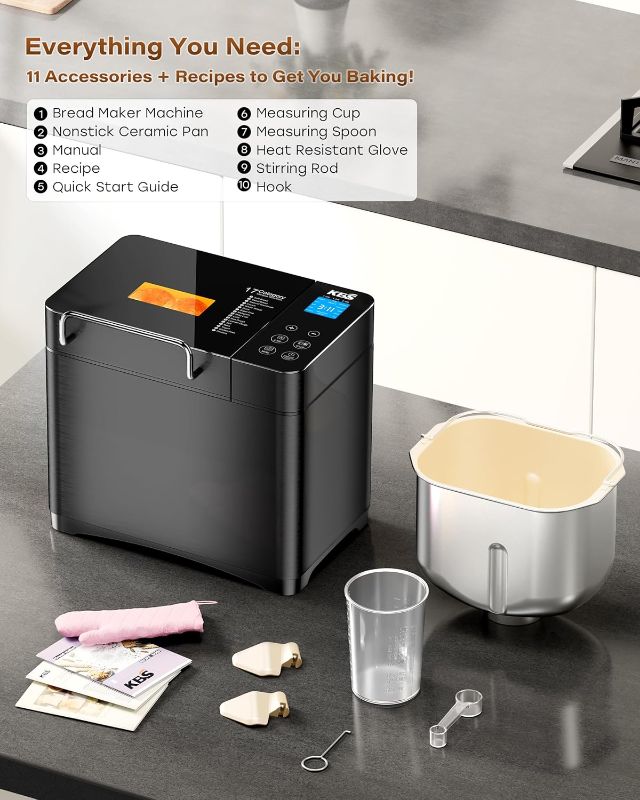 Photo 1 of KBS Premium 2LB Convection Bread Maker Dual Heaters, 710W Stainless Steel 17-in-1 Bread Machine Healthy Ceramic Pan, Nut Dispenser,Touch Panel, 3 Loaf Sizes 3 Crust Colors, 15H Timer,Low Noise,Recipes