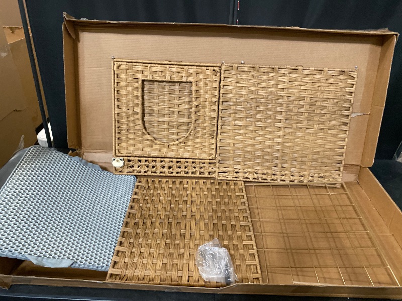 Photo 1 of Cat Litter Box Enclosure Furniture, Hidden Litter Box with Mat and Fence, Handwoven Rattan Cat House with Two S-Shaped Hooks for Living Room, Bedroom, 18.5 x 20.5 x 19.1 Inches (Natural)