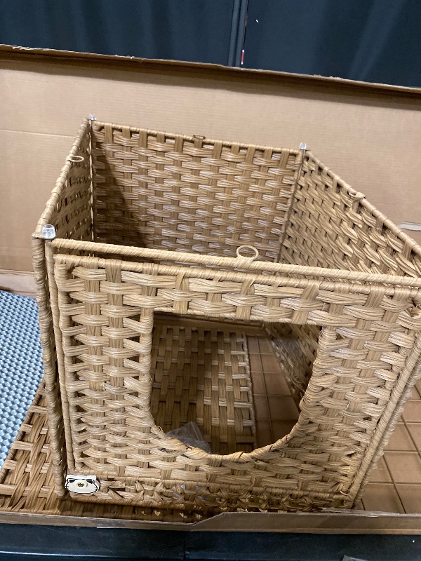 Photo 1 of Cat Litter Box Enclosure Furniture, Hidden Litter Box with Mat and Fence, Handwoven Rattan Cat House with Two S-Shaped Hooks for Living Room, Bedroom, 18.5 x 20.5 x 19.1 Inches (Natural)