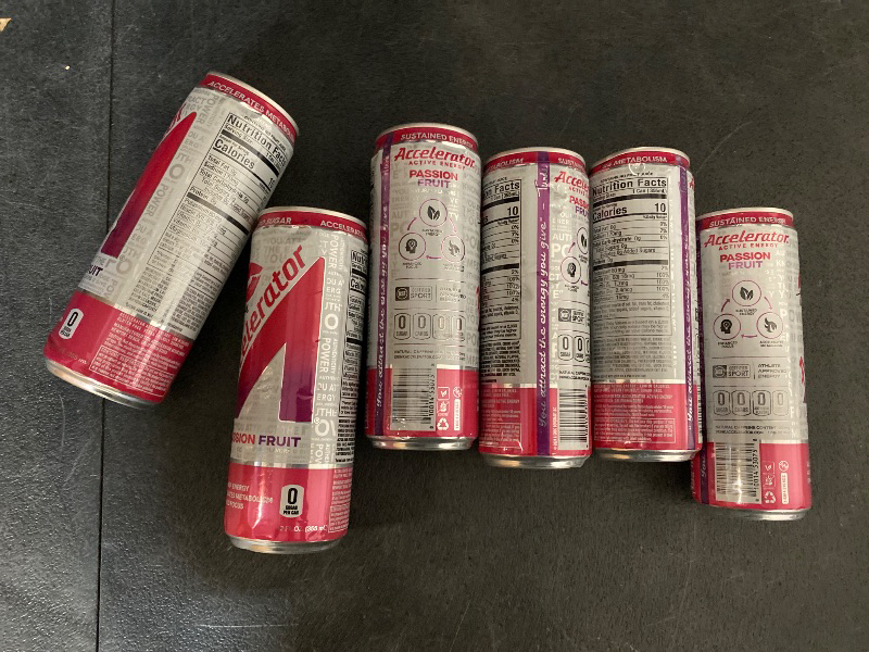 Photo 1 of Accelerator Energy Drink, Passion Fruit 12oz can (12 pack), Zero Sugar, Sustained Energy from 100% Natural Caffeine (200mg from Green Coffee Bean & Green Tea extract)