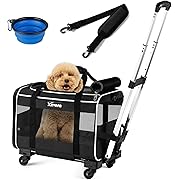 View 1 of Dog Cat Carrier with Wheels, Rolling Pet Carrier for Cats Dogs 15lbs with Double-Sided Mat, Safety Leash and Shoulder Strap, Black