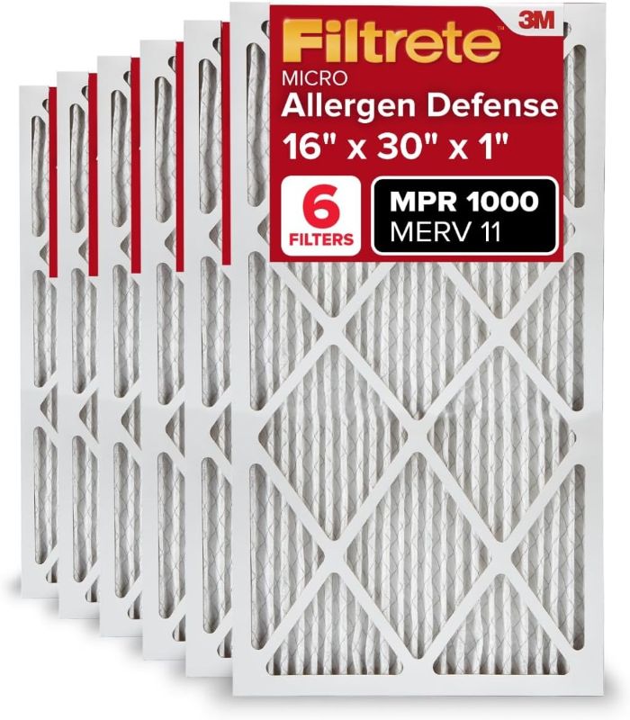 Photo 1 of Filtrete 16x30x1 AC Furnace Air Filter, MERV 11, MPR 1000, Micro Allergen Defense, 3-Month Pleated 1-Inch Electrostatic Air Cleaning Filter, 6 Pack (Actual Size 15.81x29.81x0.81 in)