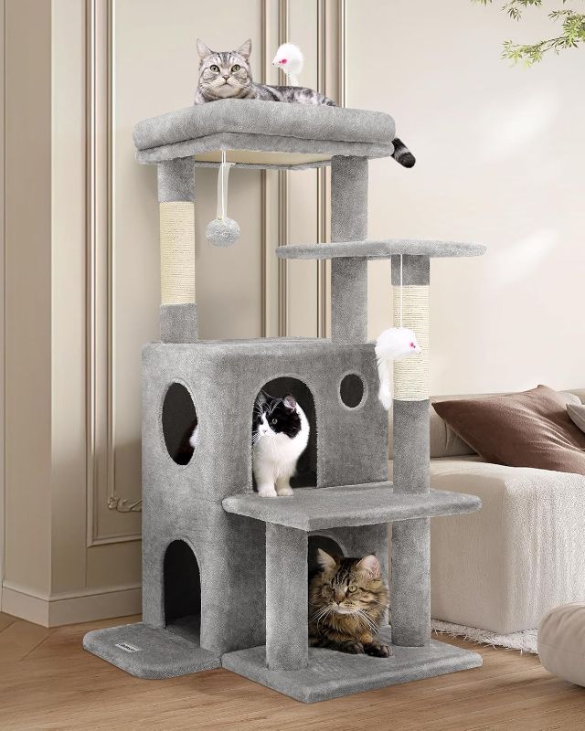 Photo 1 of Cat Tree Tower for Indoor Cats, 50-inch Adult Cat Tree House for Large Adult Cats with Steps, Scratching Post, 2 Cat Caves, Dangling Toys, FC50, Light Grey