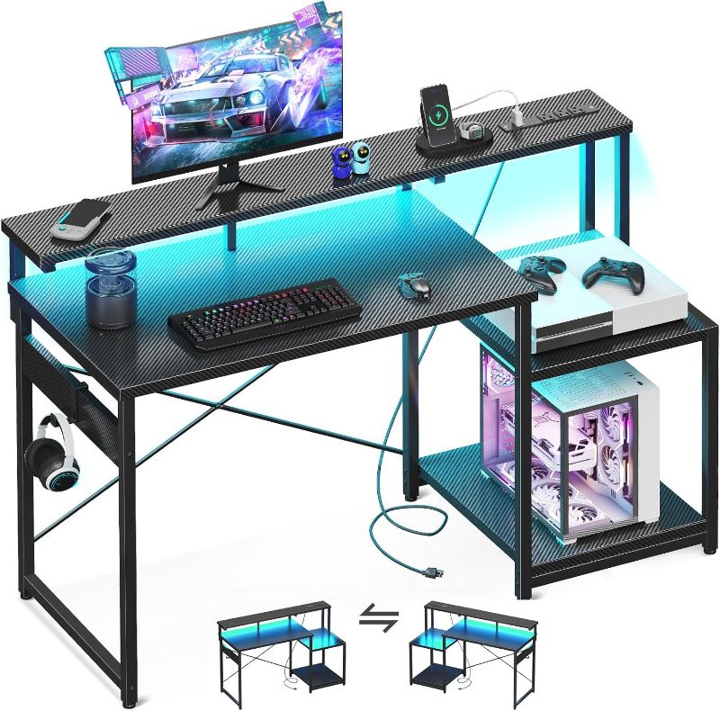 Photo 1 of Computer Desk, 48 Inch Gaming Desk with Led Lights & Power Outlet, Office Desk with Storage Shelves, Reversible Desk with Monitor Shelf & Headphone Hook, Carbon Fiber Black