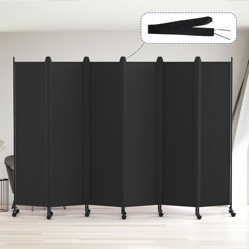 Photo 1 of 6 Panel Room Divider, 6FT Tall Rolling Privacy Screen with Lockable Wheels, Folding Wall Dividers Portable Room Divider for Room Separation, Included - Cover Strips, Black, 119''W x 70''H