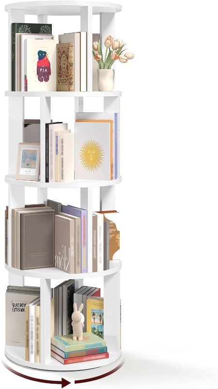 Photo 1 of 4-Tier Rotating Bookshelf, 360° Spinning Bookshelf Tower, Floor Standing Round Revolving Bookcase, Display Rack for Books, CDs, for Living Room, Study, Bedroom, White