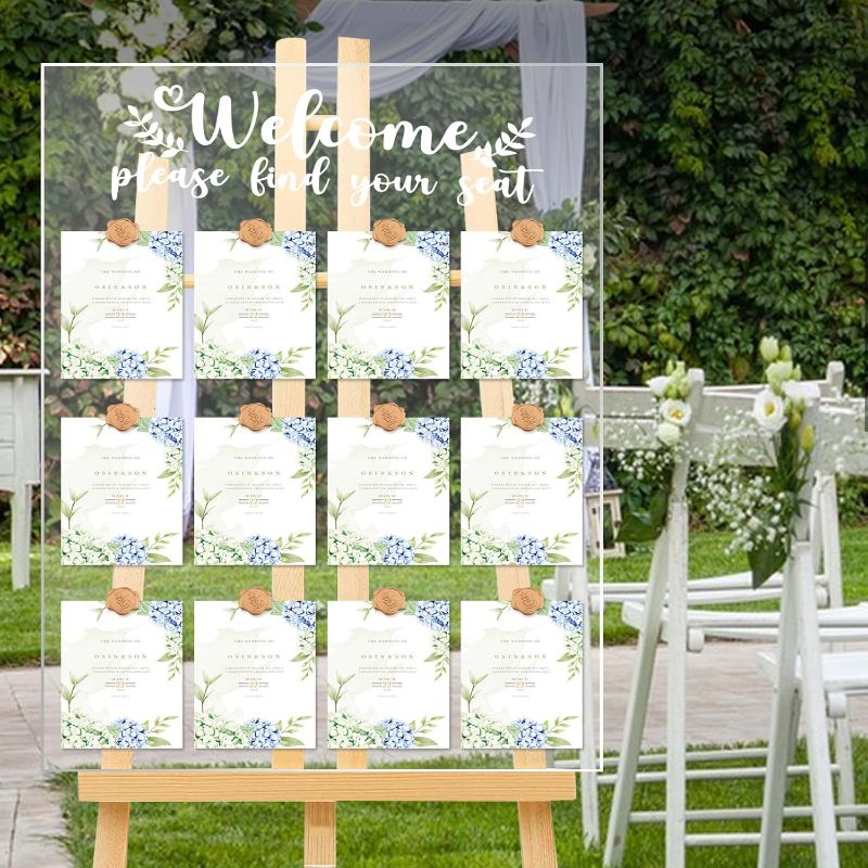 Photo 1 of 24x18 Inch Acrylic Wedding Seating Chart Board Display - Welcome Please Find Your Seat Sign for Reception with 15 Wax Seal Stickers, Wedding Reception Display (Clear)
