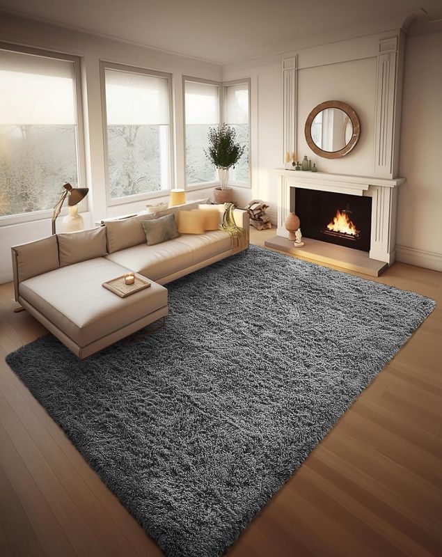 Photo 1 of 8x10 Area Rugs for Living Room, Upgrade Non-Slip Fluffy Soft Large Shag Bedroom Carpet, Grey Big Indoor Thick Nursery Rug, Gray Carpets for Boy and Girls Room Dorm Home Decor Aesthetic