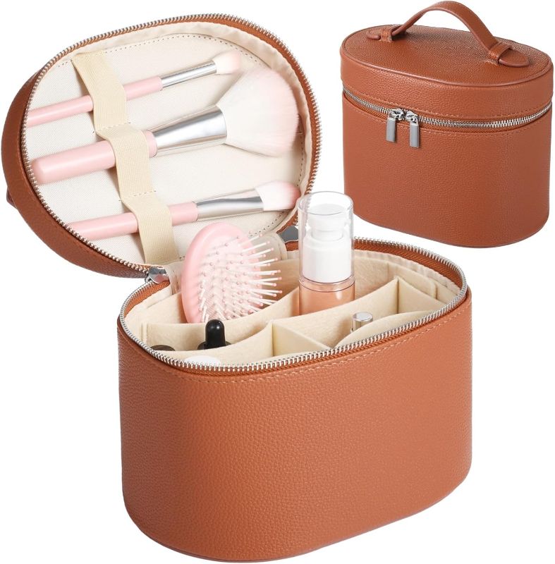 Photo 1 of Makeup Vanity Bag for Women - Large Capacity Cosmetic Organizer with Removable Liner, Waterproof PU Leather Skincare Bag, Portable Chic Cosmetic Make Up Case for Skincare, Brushes, Accessories, Brown