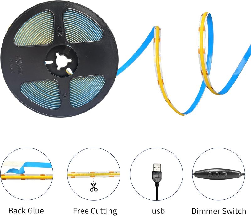 Photo 1 of 5V 8mm Width USB COB LED Strip Lights with Dimmable Switch,Ice Blue,320LEDs/M,8W/M,CRI90,6.56FT/2M,Electroplated Double-Sided Panel Light Strip,Waterproof IP20,for Indoor Decoration