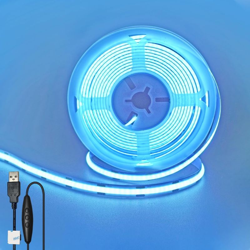 Photo 1 of 5V 8mm Width USB COB LED Strip Lights with Dimmable Switch,Ice Blue,320LEDs/M,8W/M,CRI90,6.56FT/2M,Electroplated Double-Sided Panel Light Strip,Waterproof IP20,for Indoor Decoration