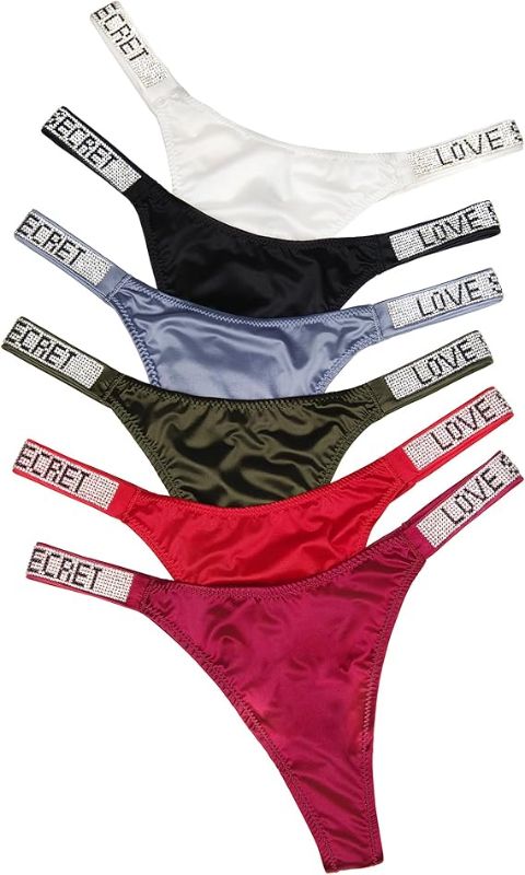 Photo 1 of Medium Rhinestone Sexy Thongs for Women,Low Waist Seamless Underwear Hipster T Back Panties G-String Stretch Thongs 6 Pack