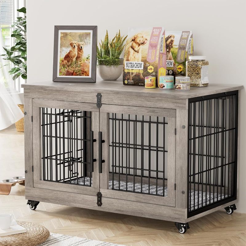 View 1 of Large Dog Crate Furniture, 38'' Wooden Dog Crate End Table, Double Door Dog Kennel Indoor with Cushion & Wheels, Decorative Dog Cage House Chew-Resistant for Large/Medium, Grey
