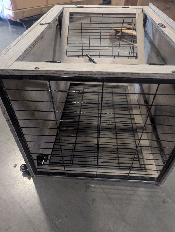 View 2 of Large Dog Crate Furniture, 38'' Wooden Dog Crate End Table, Double Door Dog Kennel Indoor with Cushion & Wheels, Decorative Dog Cage House Chew-Resistant for Large/Medium, Grey