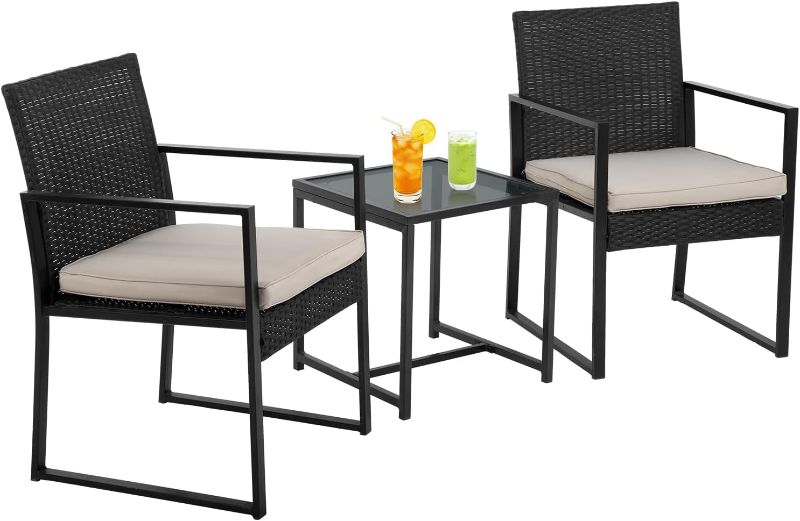 Photo 1 of 3-Piece Outdoor Patio Furniture Set | Khaki | Modern Rattan Bistro Set with Cushioned Chairs & Tempered Glass Coffee Table | Indoor & Outdoor Seating | for Balcony, Garden, Poolside
