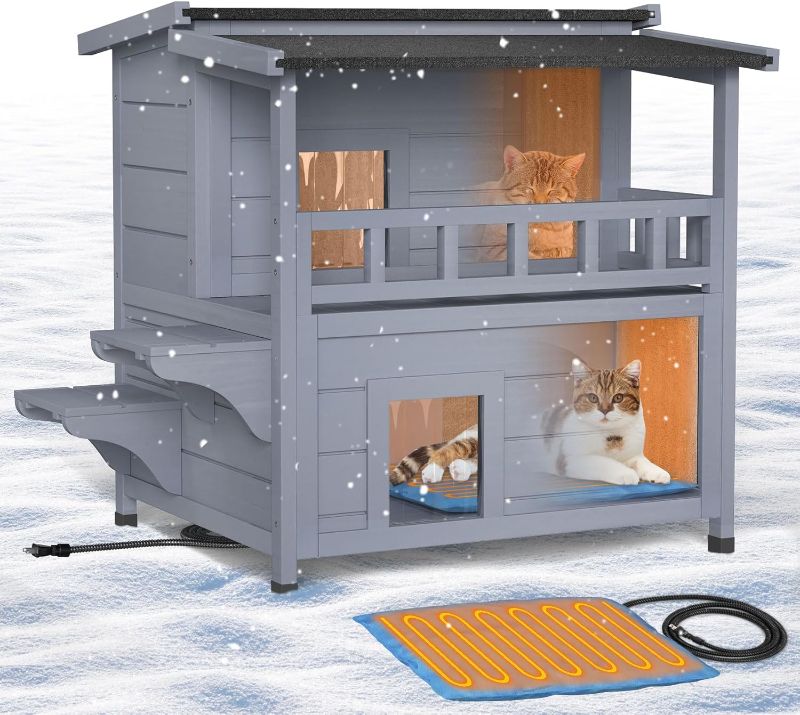 Photo 1 of Heated Cat House for Outside - 2 Story Cat Houses for Outdoor Cats, Wooden Outdoor Cat House Weatherproof, Warm Insulated Cat Houses with Balcony, Winter Feral Cat Shelter with Heating Pad