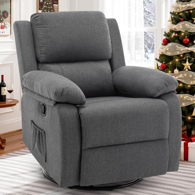 Photo 1 of Recliner Chair, 360 Swivel Rocker Chair for Adults, Small Rocking Recliner for Small Spaces, Upholstered Fabric Glider Recliner Nursery (Swivel Rocker Recliner, Grey)