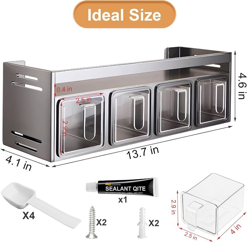 Photo 1 of Kitchen Spice Rack, Kitchen Organizer and Storage Rack with 4 Spoons, Spice Organization for Cabinets Punch-free Wall/Countertop Home Decor Multifunctional Double Layer 4 Grid Condiment Rack, Gray