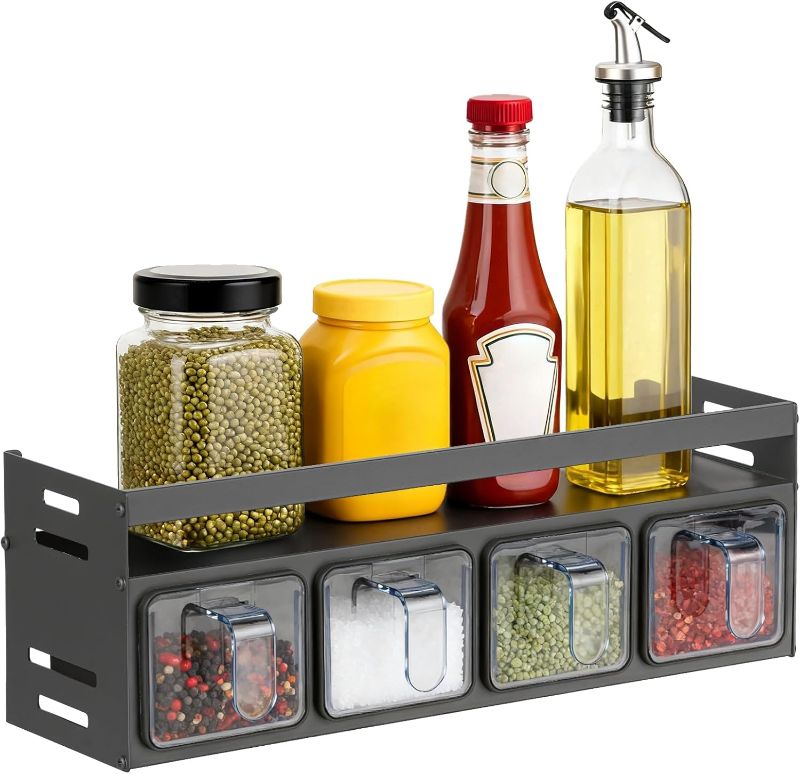 Photo 1 of Kitchen Spice Rack, Kitchen Organizer and Storage Rack with 4 Spoons, Spice Organization for Cabinets Punch-free Wall/Countertop Home Decor Multifunctional Double Layer 4 Grid Condiment Rack, Gray