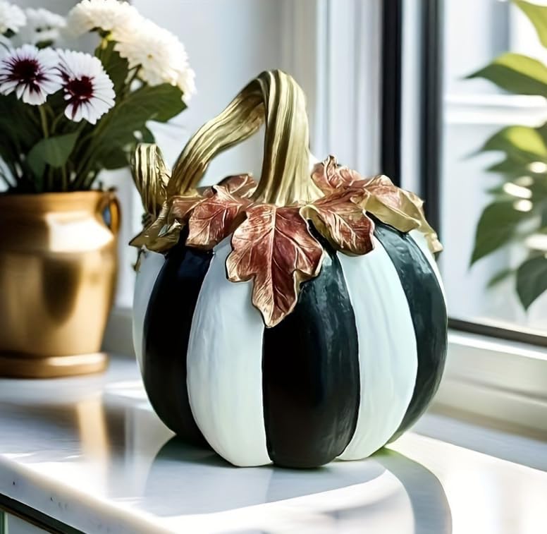 Photo 1 of Decorative Pumpkin Statue Sculpture,Resin Black & White Plaid Pumpkin Figurine Autumn Home Decor,Stylish Halloween Centerpiece for Party,Home (Modern)