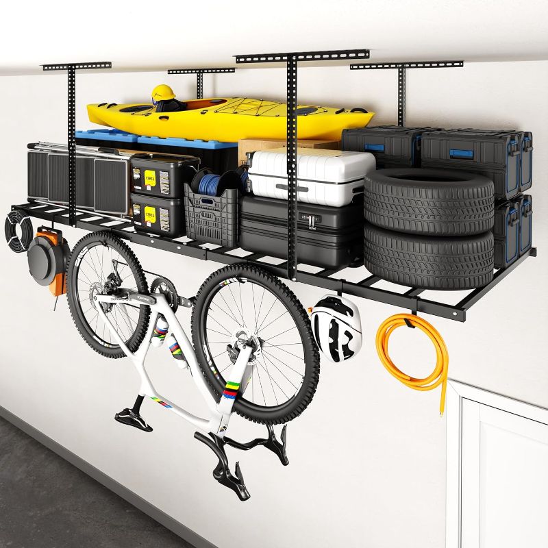 Photo 1 of FLEXIMOUNTS 4x8 Overhead Garage Storage Rack with 6 Hooks, Adjustable Storage Organization System, Heavy-Duty Metal Ceiling Racks, 22.6" -39.4" Ceiling Dropdown, Black, Lite Series