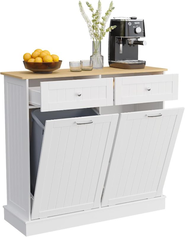 Photo 1 of Double Tilt Out Trash Can Cabinet, 20 Gallon Freestanding Kitchen Trash Can Holder with 2 Hideaway Drawers & Cutting Board, Pet Proof Hidden Garbage Recycling Cabinet Laundry Hamper, White