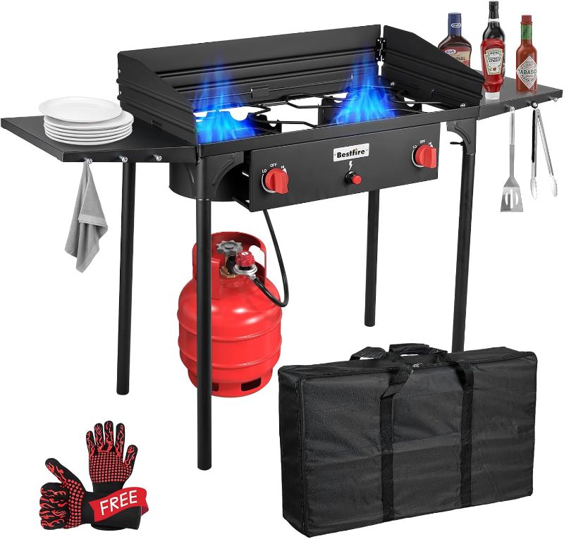 Photo 1 of Bestfire 2 Burner Camping Stove with Windpanel& Side Shelves, Bag, Auto Ignition Button,Regulator,150,000 BTU High Pressure Camping Stove Propane Burner With Removable Legs for Outdoor BBQ&Backyard