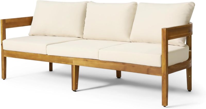 Photo 1 of Outdoor 3 Seater Sofa with Cushions - Acacia Wood - Teak/Beige