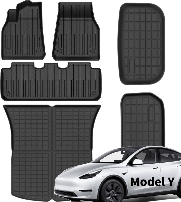 Photo 1 of Tesla Model Y Floor Mats 5 Seat 2021-2024, All Weather Custom Fit Floor Liners, 1st & 2nd Row Full Coverage, 3D Scanning Design, Non-Slip TPE Material, Waterproof & Stain-Resistant
