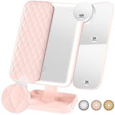 Photo 1 of Lighted Tri-fold Makeup Mirror Vanity Mirror with 1X/2X/3X Magnification (Pink)