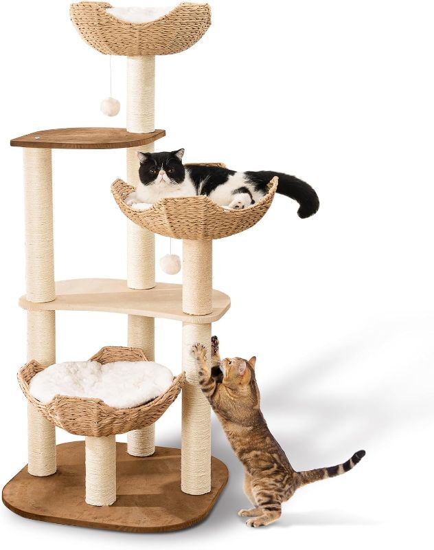 Photo 1 of Big Modern Design Cat Tree Tower with White Cloud Mat, Unique Cat Supplies Tower with Scratching Post, Cute Wood Cat Tree Cat Furniture Activity Centre for Indoor Big Cats