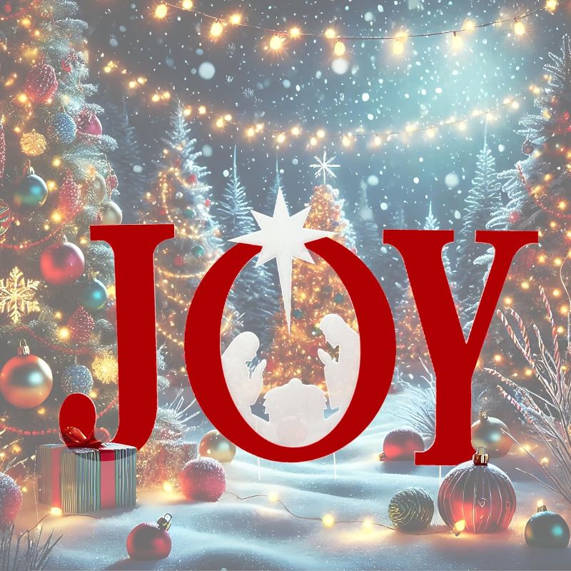Photo 1 of 25 in Joy | Outdoor Christmas Nativity Decoration | Weather Resistant | 3 Piece Yard Decor Sign Holy for Garden (Sticks Included)