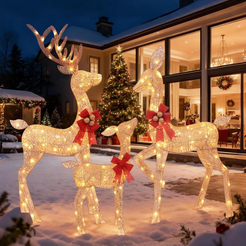 Photo 1 of 3-Piece Lighted Christmas Deer Family - HOLILITE 4.5ft 3D Pre-Lit Reindeer Outdoor Decorations with 210 LED Lights, Yard/Garden/Patio Holiday Display - Gold