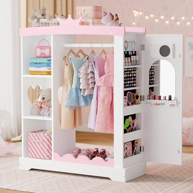 Photo 1 of Kids Armoire with Jewelry Cabinet, Dress up Storage with Mirror and Shelves, Princess Dress Closet and Costumes Wardrobe Closet, Costume Organizer for Bedroom, Kids Room, Girls (White/Pink)