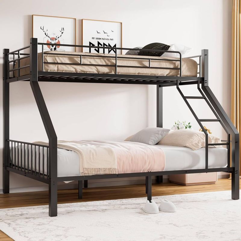 Photo 1 of Twin XL Over Queen Bunk Bed, Heavy Duty Queen Bunk Bed for Adults, Metal Bed Frame with Full-Length Guardrails & EVA Padded Anti-Slip Ladder, No Box Spring Needed, Black