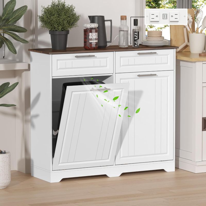Photo 1 of Double 10 Gallon Tilt Out Trash Can Cabinet with Deodorizing Function and Power Outlet, Wooden Hidden Garbage Can Holder with 2 Storage Drawers for Kitchen, Laundry Hamper Cabinet for Bathroom, White