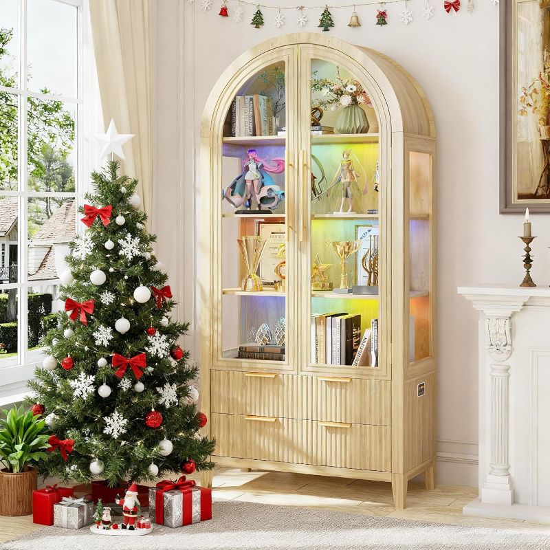 Photo 1 of 71" Tall Arched Storage Cabinet with Glass Doors and Drawers, Curio Display Cabinet with Adjustable RGB Light & Human Sensor, 4-Tier China Cabinet for Living Room(Wood)