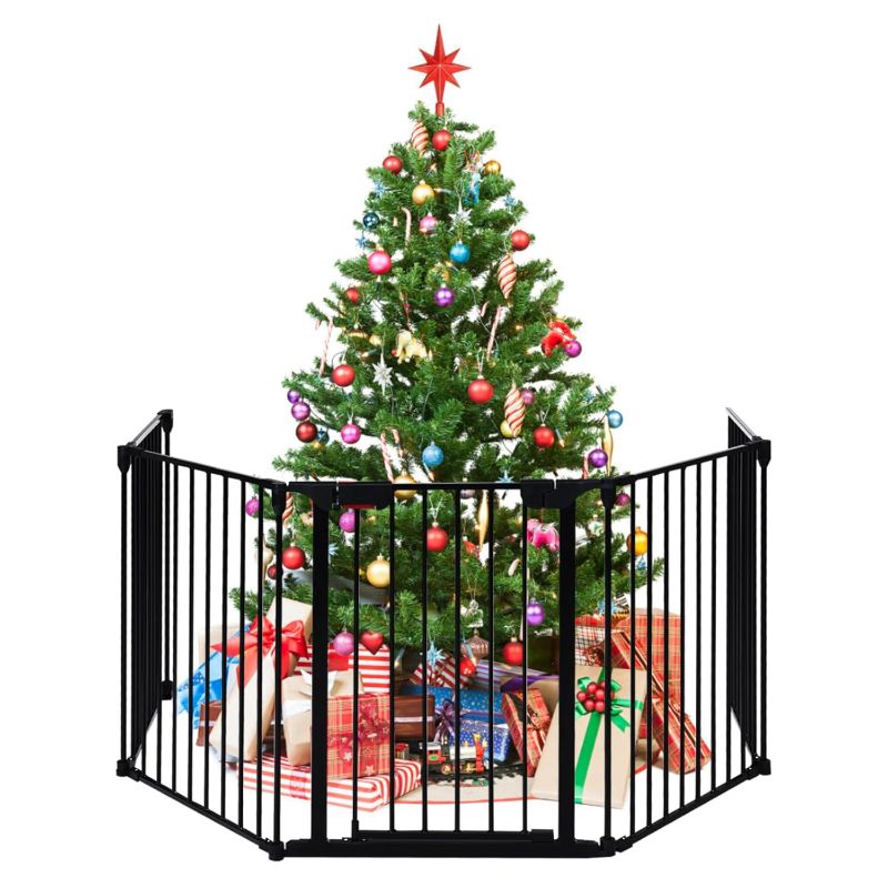 Photo 1 of Baby Safety Gate, 121 Inch Length 5 Panel Adjustable Wide Fireplace Fence, BBQ Metal Fire Screen Gate, Pet Isolation Fence with Walk-Through Door, Freestanding Pets Gate
