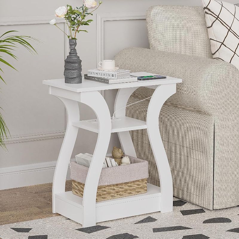 Photo 1 of End Tables Living Room, White End Table with Charging Station,White Side Table, Nightstand for Bedroom, 3 Tier End Table with Storage Shelf for Living Room