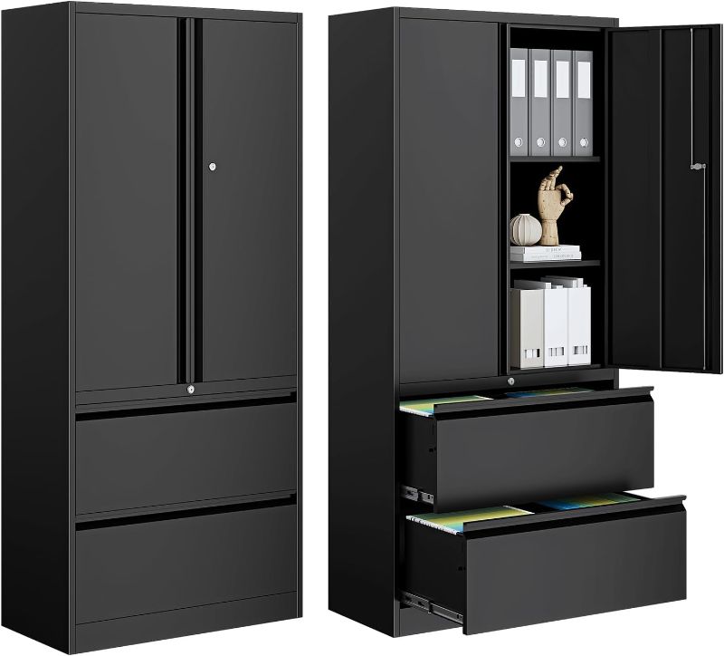 Photo 1 of 2-Drawer Metal File Cabinet, Lateral Vertical Filing Cabinets for Home Office, Locking File Cabinet with Storage Shelves, Legal/Letter/A4 Size Office File Cabinets (Black, Assemble Required)