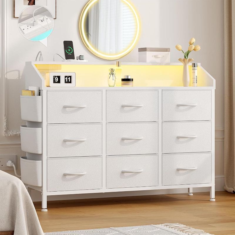 Photo 1 of Dresser for Bedroom, 9 Drawer Dresser with LED Lights and Charging Station, Wide Chest of 6 Drawers with Open Space, Modern Large Capacity Storage Cabinet, Living Room, Hallway