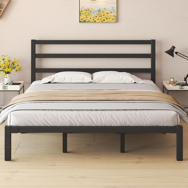 Photo 1 of King Size Bed Frame, Metal Platform Bed Frame with Headboard, Large Under Bed Storage, Strong Metal Slats Support, No Box Spring Needed, Easy Assembly, Black