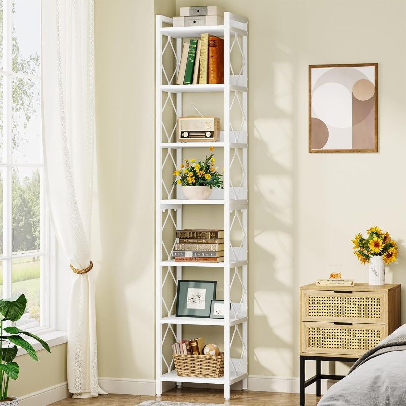 Photo 1 of 78.7 Inch Extra Tall Narrow Bookshelf, 7 Tier Skinny Bookcase for Small Spaces, Freestanding Display Shelves, Multifunctional Corner Storage Organizer for Home Office, White