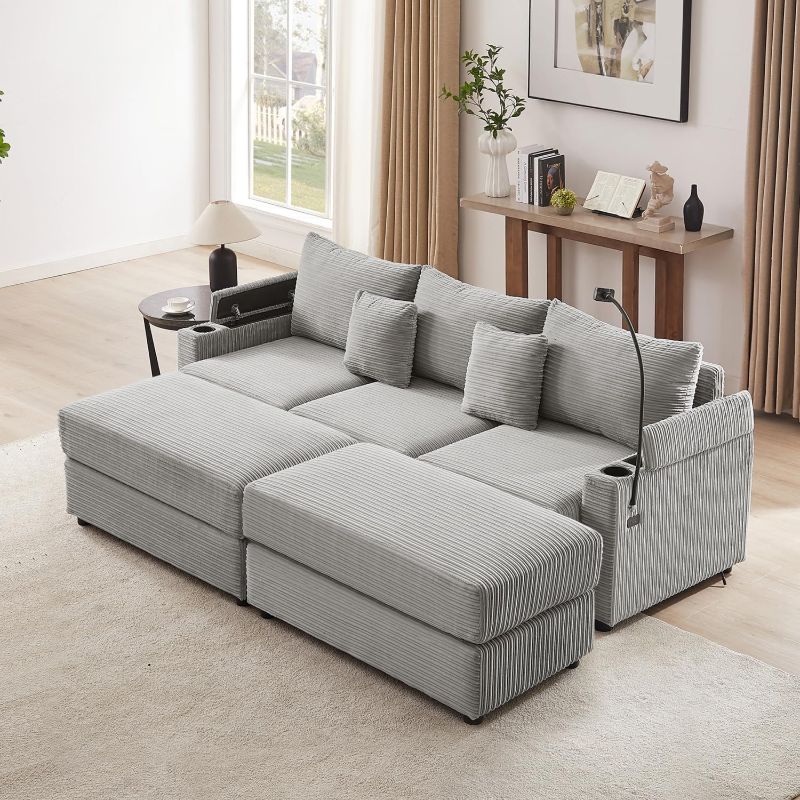Photo 1 of Modern Style 3-Seater Sofa Sectional with Storage, USB Ports, Cup Holders, Phone Holder - Grey
