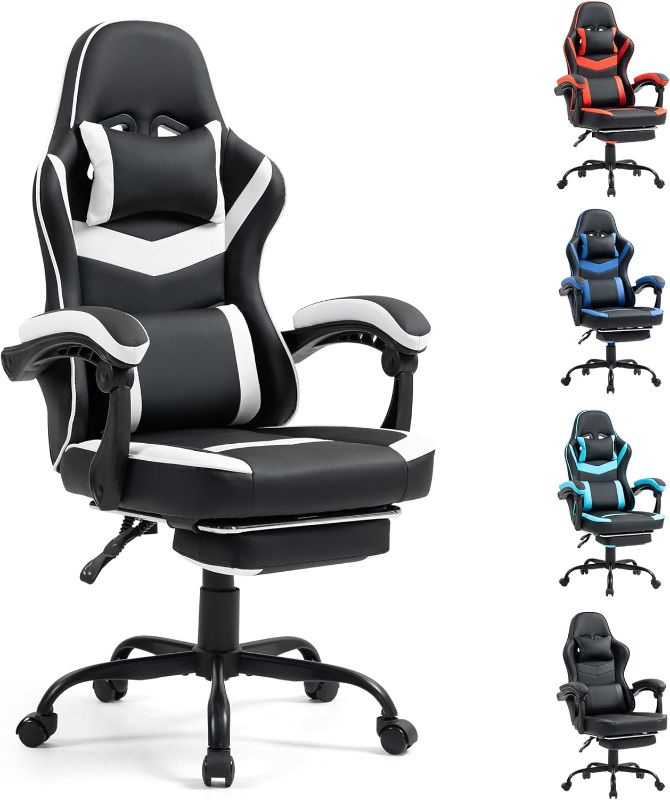 Photo 1 of Gaming Chair with Footrest for Adults - Ergonomic Gaming Chairs with Foot Rest - Big and Tall Computer Game Chair - PU Leather Reclining Video Game Chairs with Spring Cushion - Black/White