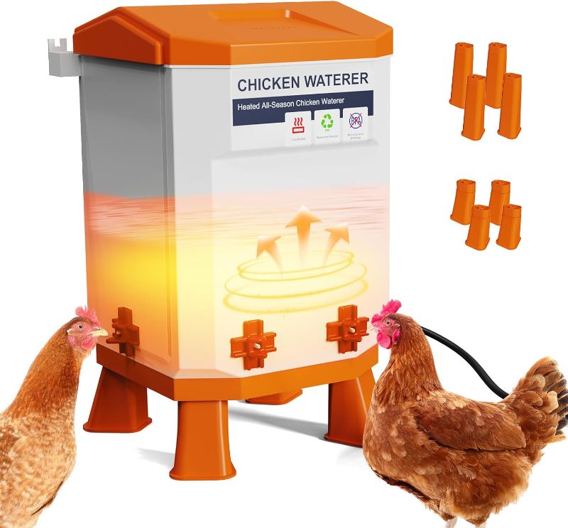Photo 1 of Heated Chicken Waterer, Thermostatically Controlled Poultry Water Heater for Winter, 4 Horizontal Nipples and 8 Support Legs, Anti-Freezing Watering System for Coop Accessories (Orange, 3.2Gallon)