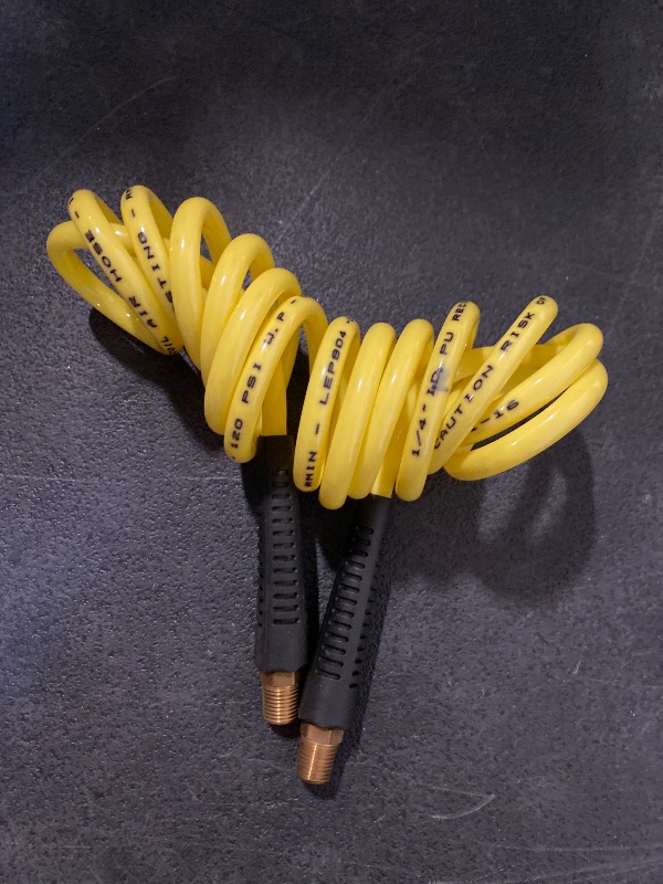 Photo 1 of 1/4 Inch NPT 120 psi 1/4 Inch 15 ft Long NPT Swivel Fittings, Recoil Yellow Polyurethane Hose