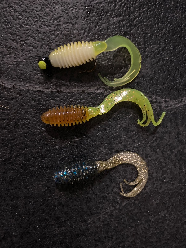 Photo 1 of 4 Packs Big Bite Bad Boys Crappie Panfish Rtt Grubs 2" Baby Bream + 4 Packs Assortment Big Bite Bad Boys Crappie Rtt Grubs 2" Acid Rain Baby Bream + 2" RTT Grub 1 Rig Pumpkin/Chart 4 Pack