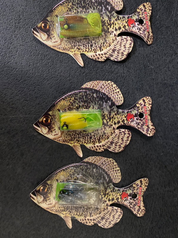 Photo 1 of 4 Packs Big Bite Bad Boys Crappie Panfish Rtt Grubs 2" Baby Bream + 4 Packs Assortment Big Bite Bad Boys Crappie Rtt Grubs 2" Acid Rain Baby Bream + 2" RTT Grub 1 Rig Pumpkin/Chart 4 Pack